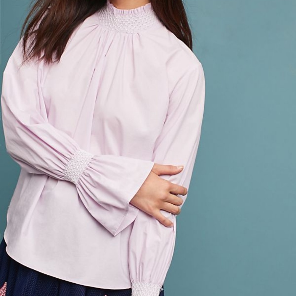 New Anthropologie Smocked Neck Poplin Blouse